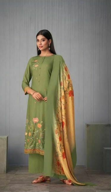 My Fashion Road Sahiba Sunira Pashmina Designer Dress Material | Green