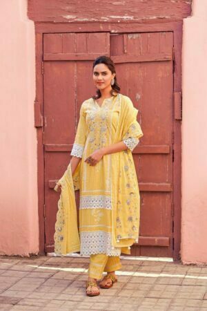 My Fashion Road Jay Vijay Amorena Cotton Pant Style Dress Material | Yellow