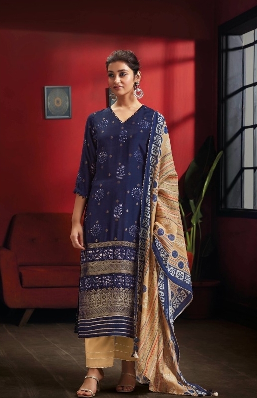 My Fashion Road Jay Vijay Gaia Moga Silk Pant Style Dress Material | Royalblue