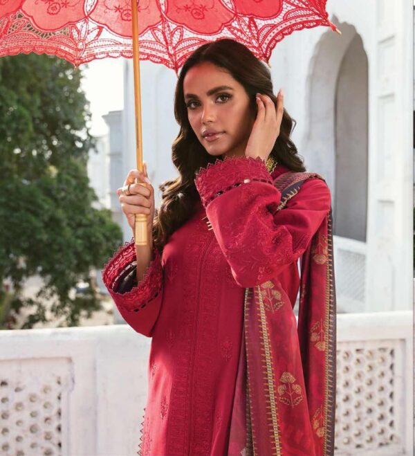 My Fashion Road Afrozeh Lamhay Luxury Lawn Unstitched Formals Collection 2023 | CRIMSON