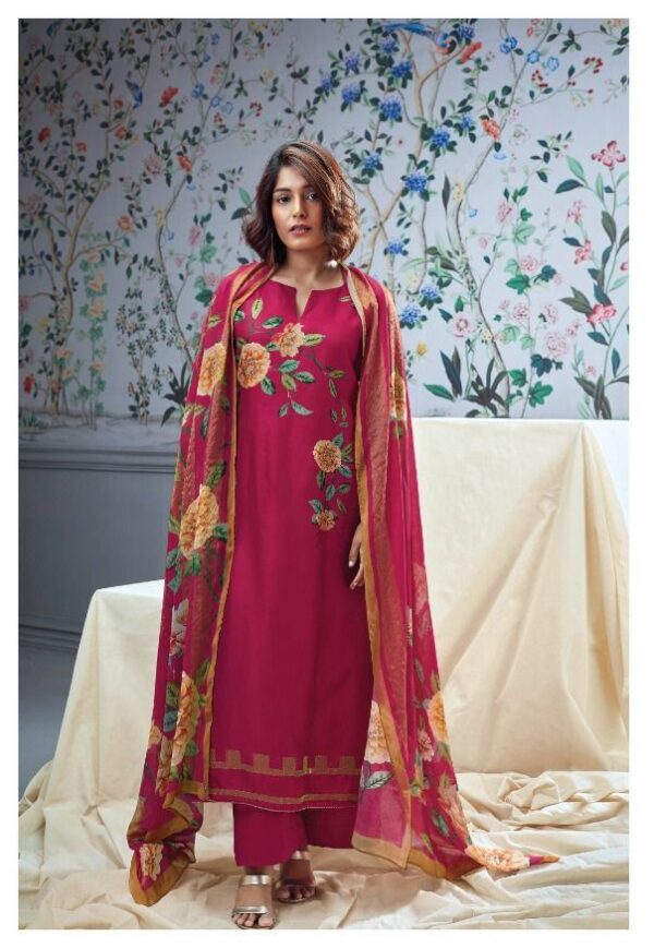 My Fashion Road Ganga Bloom Plazzo Silk Unstitched Dress Material | Magenta