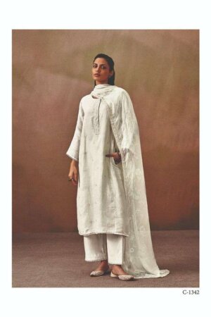 My Fashion Road Ganga Fashion Roshni Pure Linen Unstitched Salwar Kameez | White