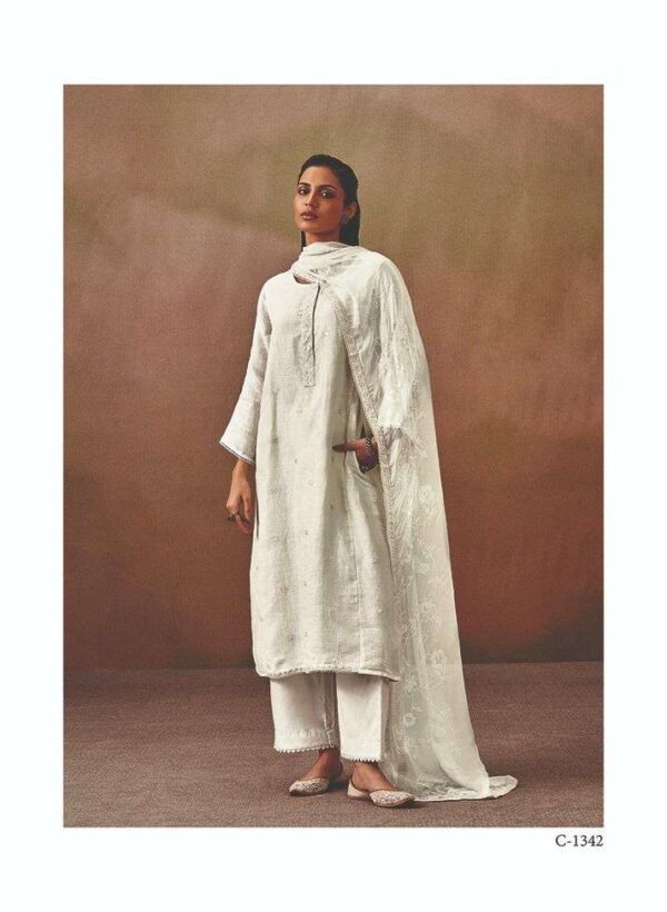 My Fashion Road Ganga Fashion Roshni Pure Linen Unstitched Salwar Kameez | White