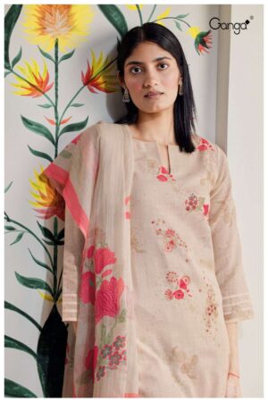 My Fashion Road Ganga Sadhna Designer Print Cotton Linen Salwar Kameez | Beige