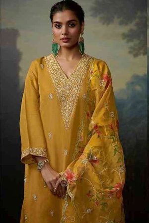 My Fashion Road Kimora Heer Siya Traditional Partywear Dress Material | Yellow