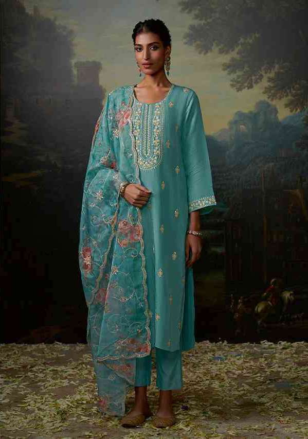 My Fashion Road Kimora Heer Siya Traditional Partywear Dress Material | Blue