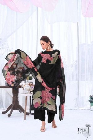 My Fashion Road T And M Designer Lotus Designer Print Organza Ladies Suit | Black
