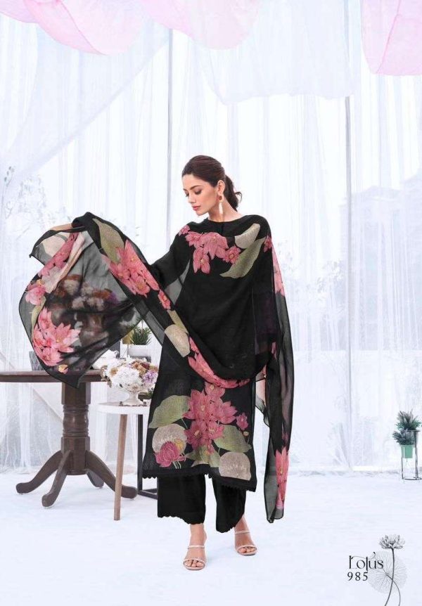 My Fashion Road T And M Designer Lotus Designer Print Organza Ladies Suit | Black
