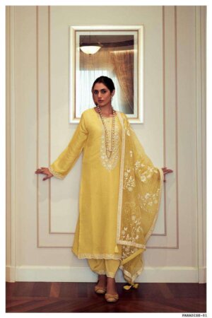 My Fashion Road Varsha Paradise Tissue Embroidered Partywear Ladies Suit | Yellow