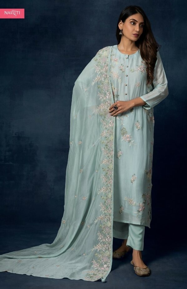 My Fashion Road Naariti Fairaz Organza Embroidered Unstitched Suit With Dupatta – Blue