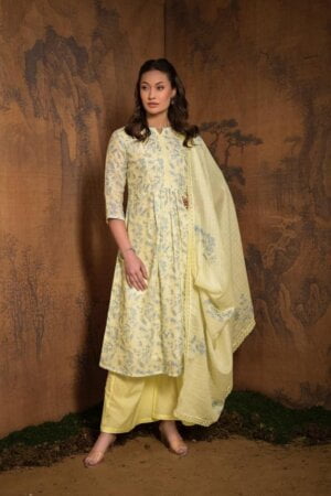 My Fashion Road Naariti Mogra Digital Linen Embroidered Unstitched Suit | Yellow