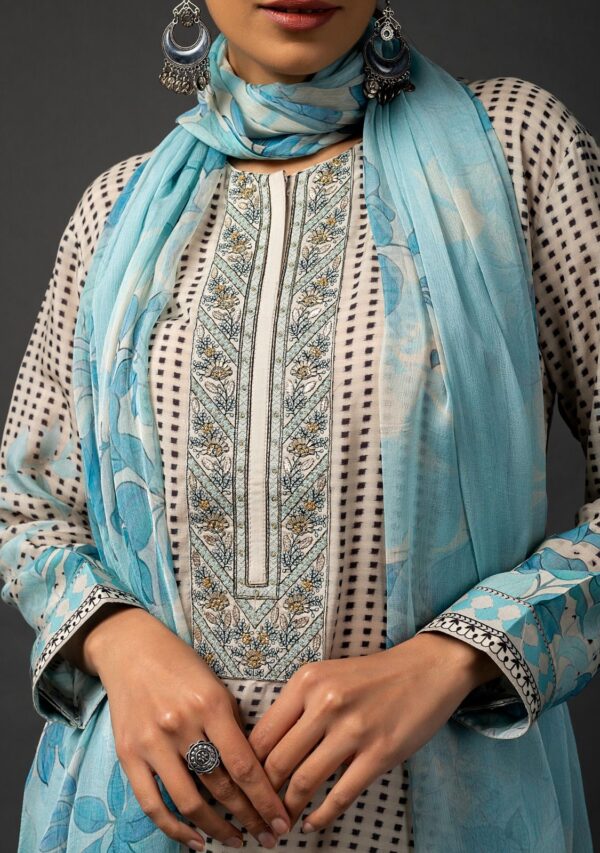 My Fashion Road Naariti Zehra Muslin Printed Handwork Designer Unstitched Suit | Blue