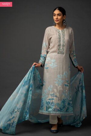 My Fashion Road Naariti Zehra Muslin Printed Handwork Designer Unstitched Suit | Blue