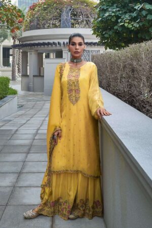 My Fashion Road Varsha Tulip Fancy Organza Gharara Designer Partywear Dress | Yellow