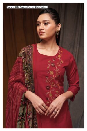My Fashion Road Ganga Nazaria 884 Plazzo Unstitched Dress Material | Red