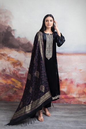 My Fashion Road Naariti Tilla Pure Velvet Embroidered Unstitched Suit | Black