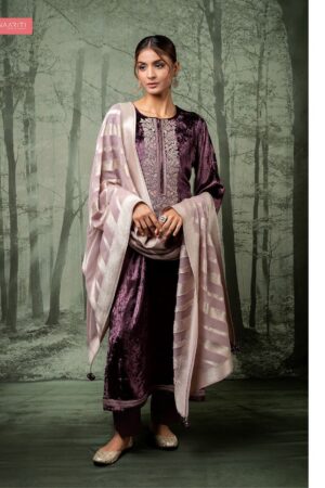 My Fashion Road Naariti Alma Pure Velvet Embroidered Unstitched Suit | Purple