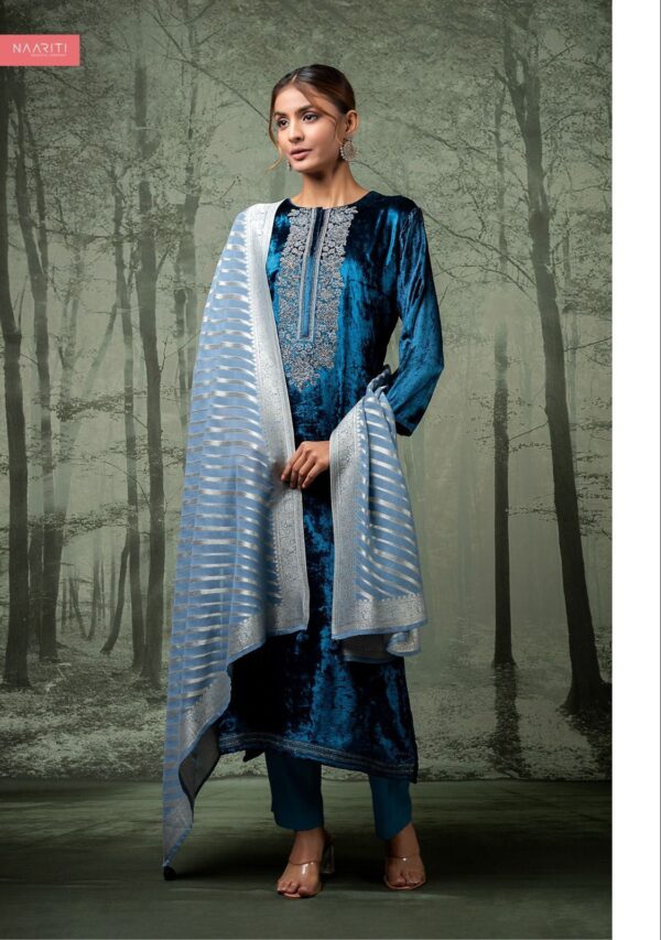My Fashion Road Naariti Alma Pure Velvet Embroidered Unstitched Suit | Blue