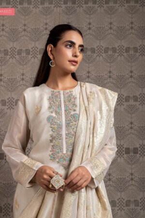 My Fashion Road Naariti Gourya Meena Jacquard Embroidered Pant Style Dress Material | Offwhite