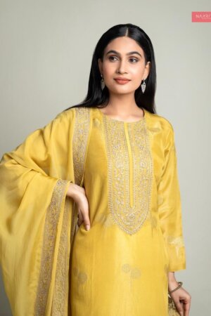 My Fashion Road Naariti Brail Tissue Silk Jacquard Embroidered Pant Style Dress Material | Yellow