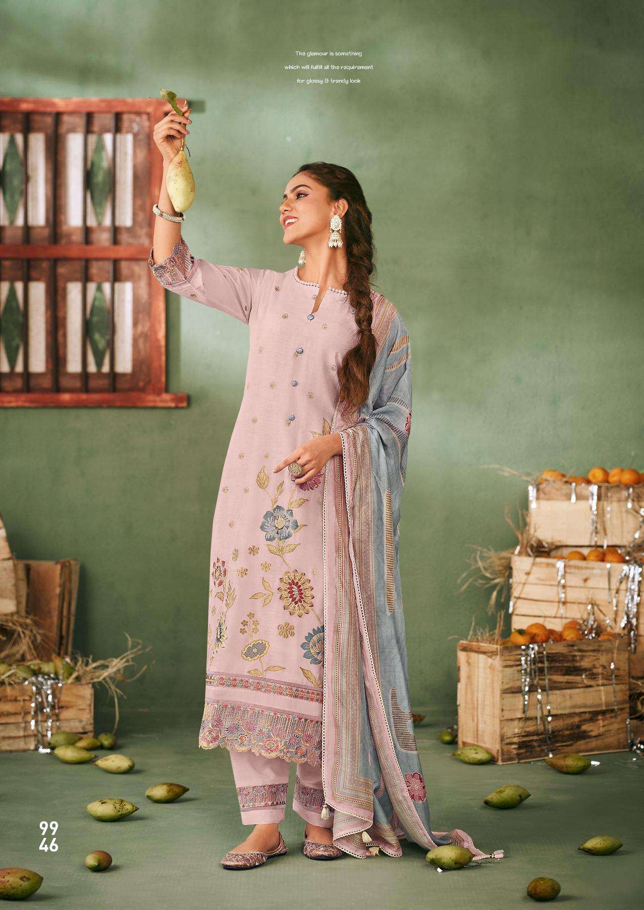 My Fashion Road Jay Vijay Aamras Designer Work Muslin Jacquard ladies Suit | 9946 My Fashion Road Jay Vijay Aamras Designer Work Muslin Jacquard ladies Suit | 9946