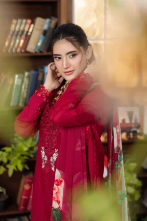 My Fashion Road Elaf Chikankari With Chiffon Latest Unstitched Collection 2025 EEC-4A Rubelet