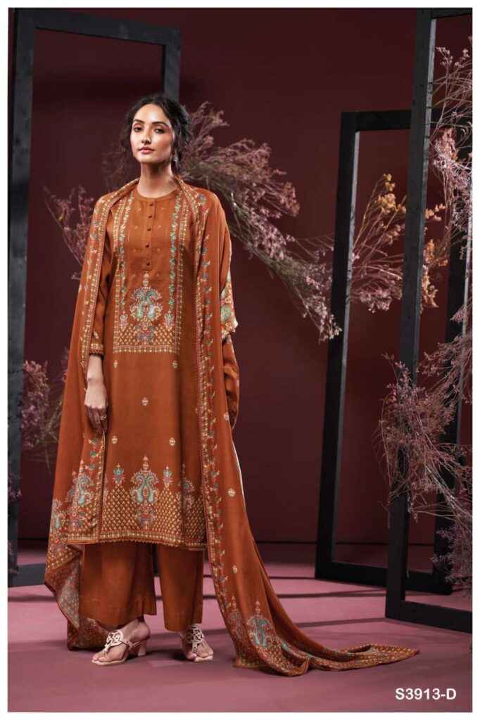 My Fashion Road Ganga Fashion Gulnaz Pure Wool Pashmina Premium Winter Suit | S3913 – D