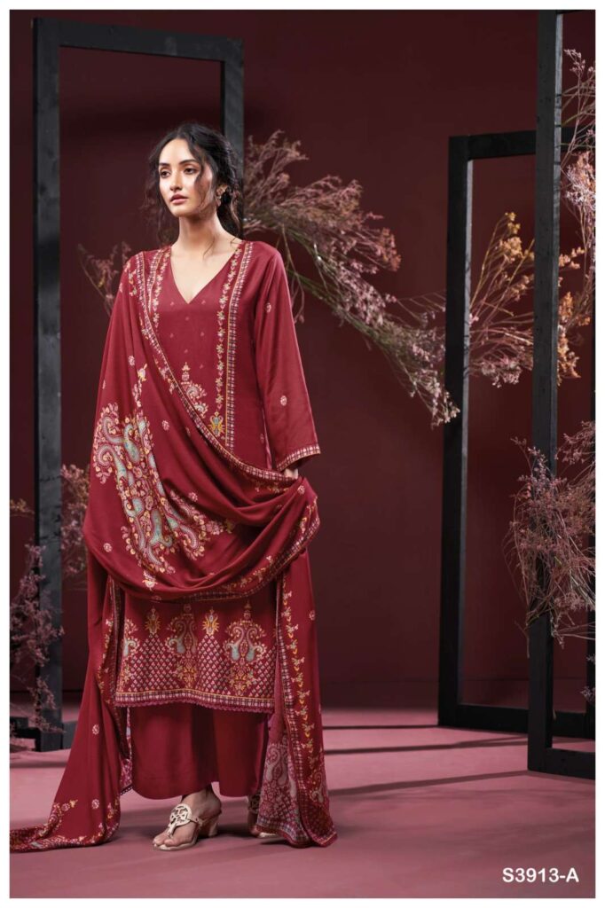 My Fashion Road Ganga Fashion Gulnaz Pure Wool Pashmina Premium Winter Suit | S3913 – A