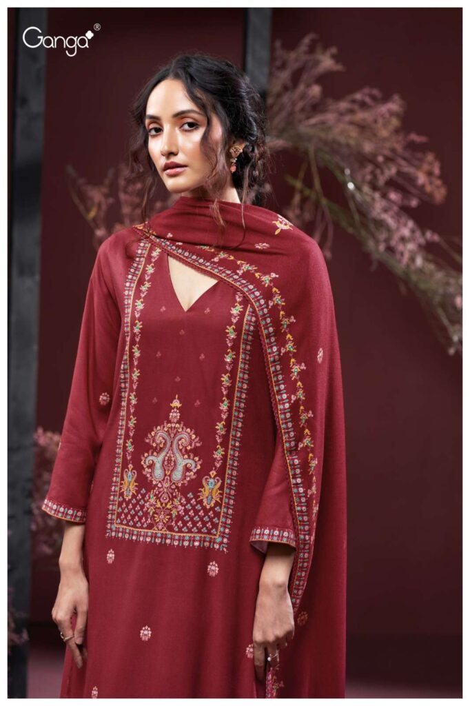 My Fashion Road Ganga Fashion Gulnaz Pure Wool Pashmina Premium Winter Suit | S3913 – A