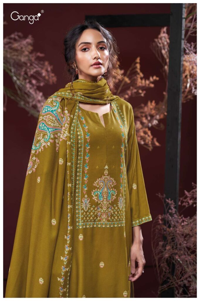 My Fashion Road Ganga Fashion Gulnaz Pure Wool Pashmina Premium Winter Suit | S3913 – C