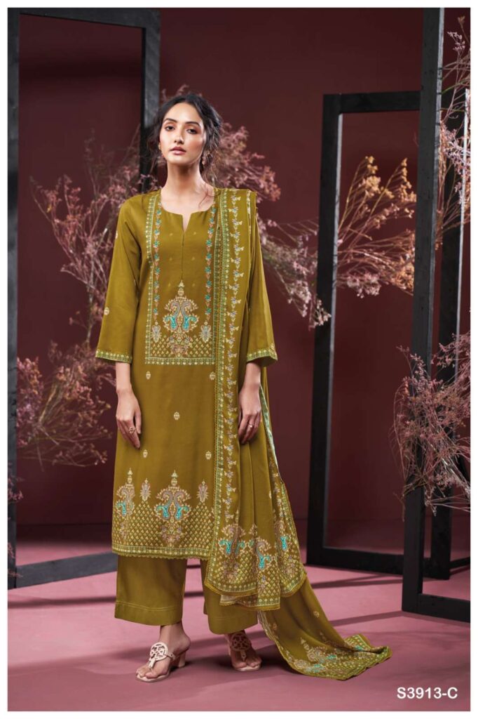 My Fashion Road Ganga Fashion Gulnaz Pure Wool Pashmina Premium Winter Suit | S3913 – C