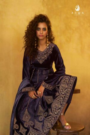 My Fashion Road Aiqa Grey And Gold Partywear Style Velvet Latest Designer Suit | A – 1705