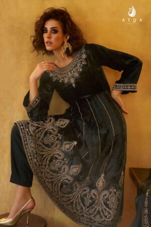 My Fashion Road Aiqa Grey And Gold Partywear Style Velvet Latest Designer Suit | A – 1706