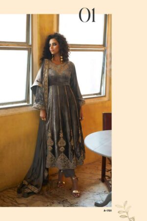 My Fashion Road Aiqa Grey And Gold Partywear Style Velvet Latest Designer Suit | A – 1701