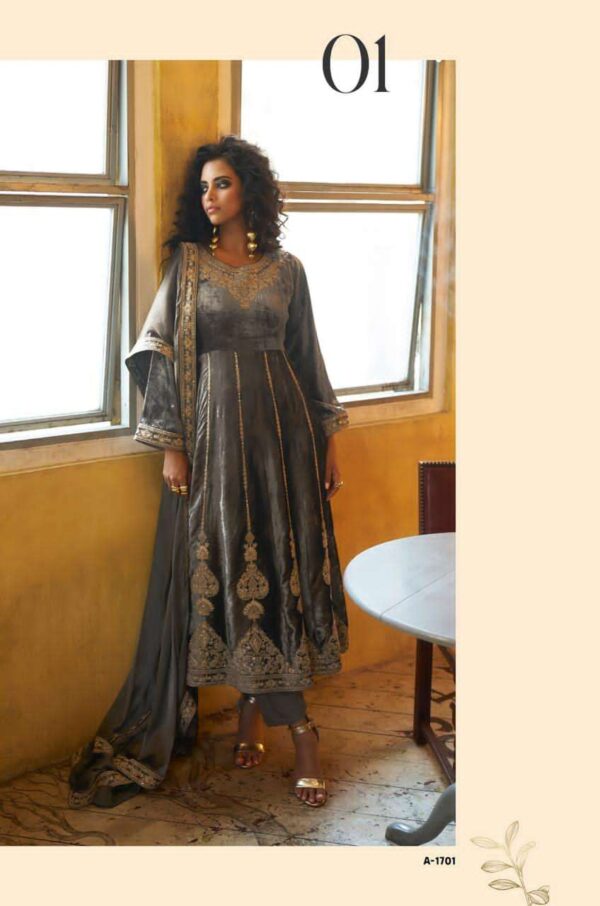 My Fashion Road Aiqa Grey And Gold Partywear Style Velvet Latest Designer Suit | A – 1701