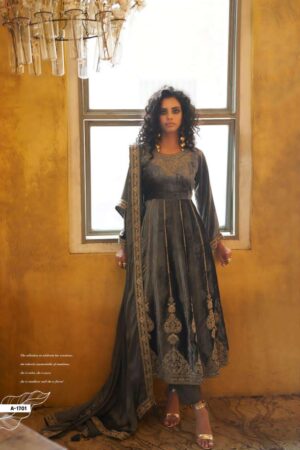 My Fashion Road Aiqa Grey And Gold Partywear Style Velvet Latest Designer Suit | A – 1701
