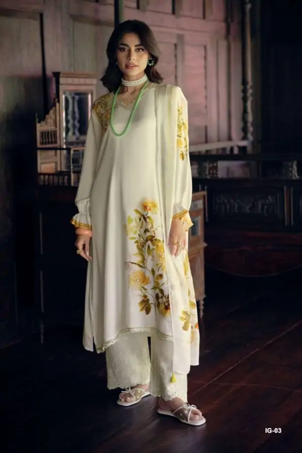 My Fashion Road Varsha Ivory Gold Digital Printed Muslin Dress | IG – 03