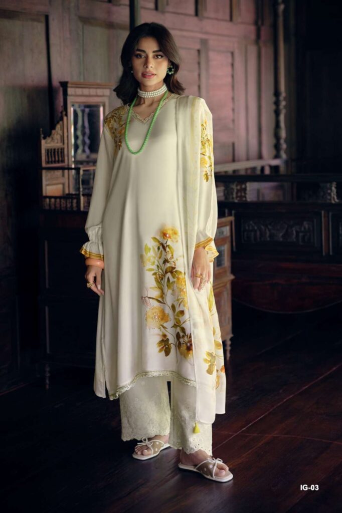 My Fashion Road Varsha Ivory Gold Digital Printed Muslin Dress | IG – 03