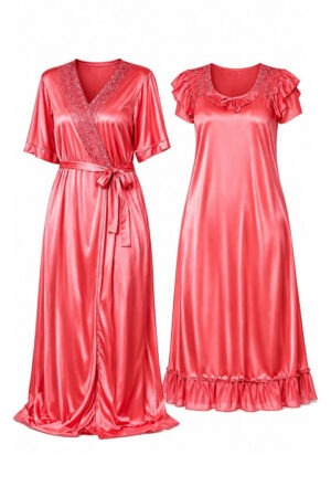 My Fashion Road Zyvera Pink Self Design Satin Baby Dolls With Robe