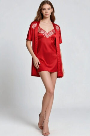 My Fashion Road Zyvera Red Self Design Satin Baby Dolls Nightwear