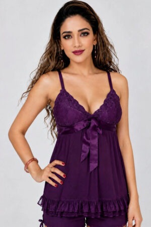 My Fashion Road Zyvera Purple Net Baby Doll Nightdress