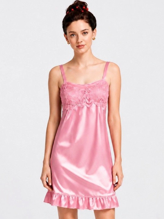 My Fashion Road Zyvera Pink Self Design Baby Doll Nightdress
