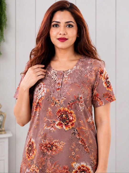 My Fashion Road Zyvera Brown and Beige Printed Baby Dolls nightwear My Fashion Road Zyvera Brown and Beige Printed Baby Dolls nightwear
