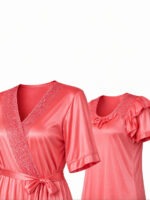 My Fashion Road Zyvera Pink Self Design Satin Baby Dolls With Robe