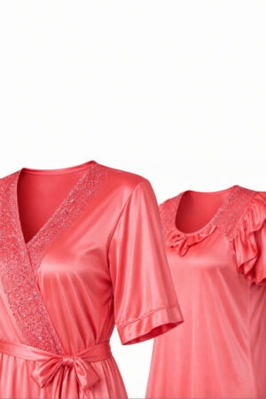 My Fashion Road Zyvera Pink Self Design Satin Baby Dolls With Robe